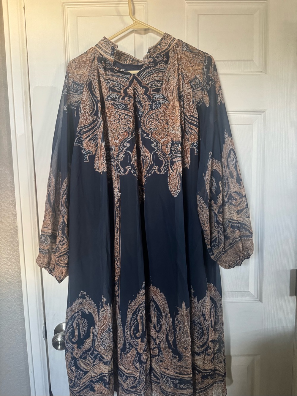 Navy Paisley Long Sleeve Midi Dress with Tan Accents